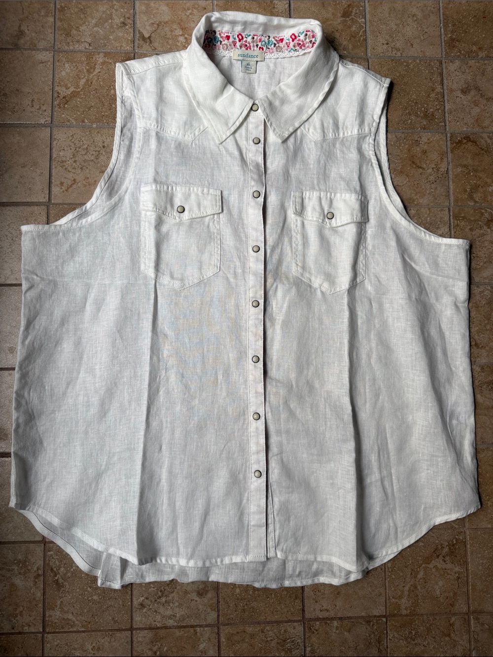 Sundance Pure White Linen Willow Sleeveless Top Pearl Snap Front XL Button-down - Picture 4 of 15
